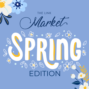 Illustrated logo for The Link Market Spring Edition, featuring the event name with flowers and a blue background.