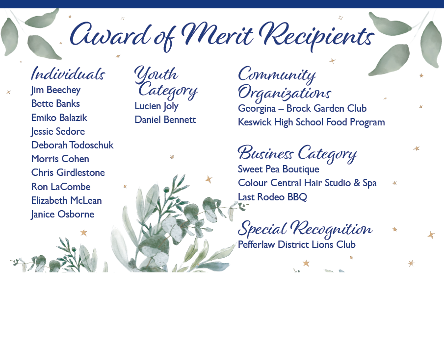 Image of a printed card listing all 2024 Volunteer Award of Merit recipients. Full list provided below.