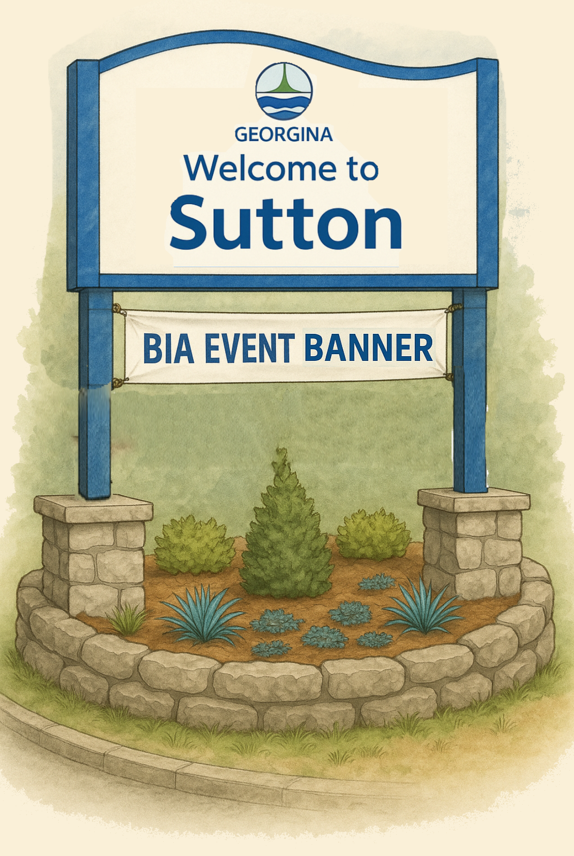 illustration of the Welcocme to Sutton sign with small garden below