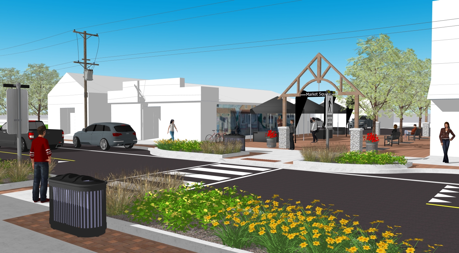 Architectural rendering of a future Market Square with a pedestrian crossing, landscaped planters, seating areas, trees, and a timber-framed entrance sign. People are shown walking and gathering in the space.