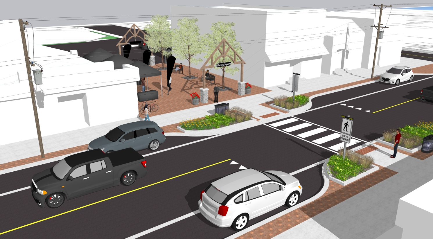 Architectural rendering of a future Market Square with a pedestrian crossing, landscaped planters, seating areas, trees, and a timber-framed entrance sign. People are shown walking and gathering in the space.