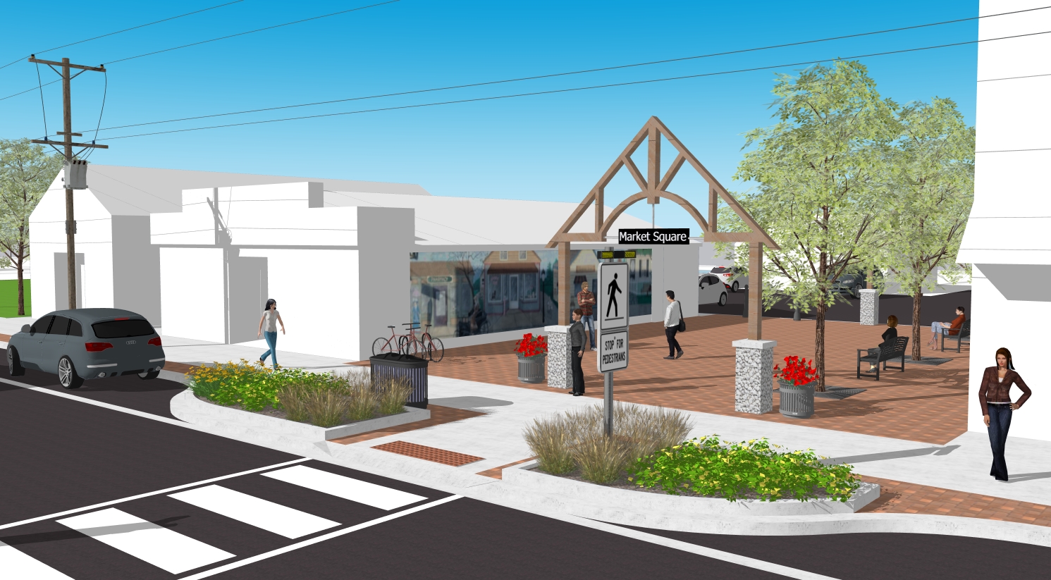 Architectural rendering of a future Market Square with a pedestrian crossing, landscaped planters, seating areas, trees, and a timber-framed entrance sign. People are shown walking and gathering in the space.
