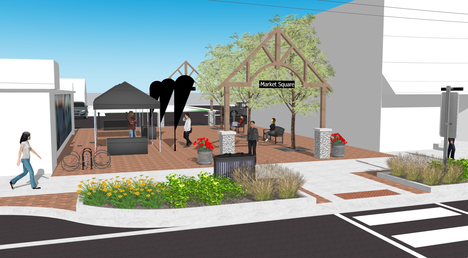 Architectural rendering of a future Market Square with a pedestrian crossing, landscaped planters, seating areas, trees, and a timber-framed entrance sign. People are shown walking and gathering in the space.
