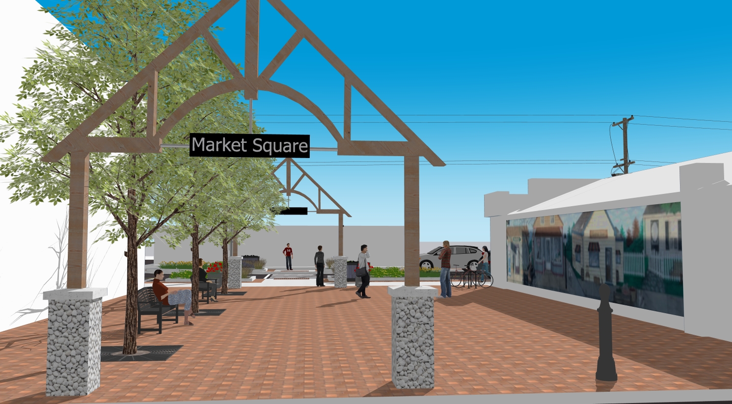 Architectural rendering of a future Market Square with a pedestrian crossing, landscaped planters, seating areas, trees, and a timber-framed entrance sign. People are shown walking and gathering in the space.