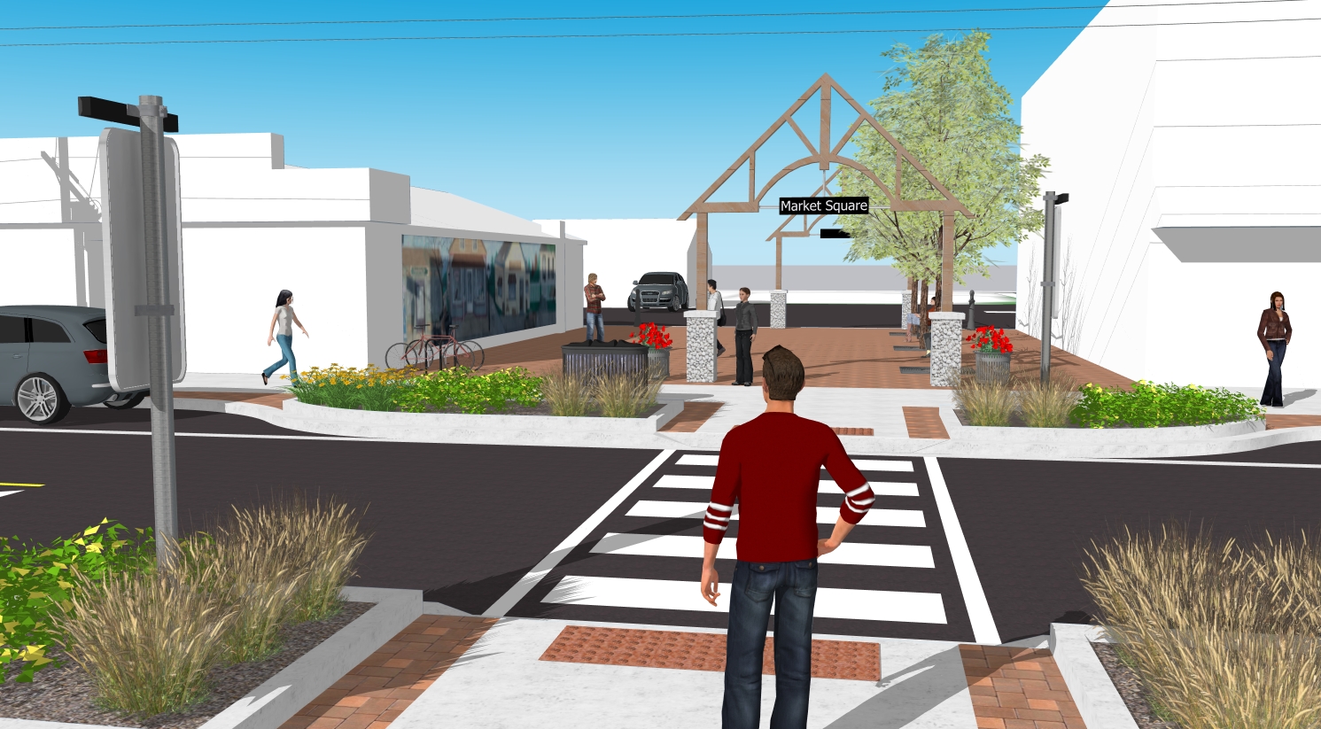 Architectural rendering of a future Market Square with a pedestrian crossing, landscaped planters, seating areas, trees, and a timber-framed entrance sign. People are shown walking and gathering in the space.