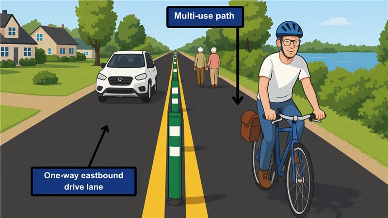 Artist rendering depicting a car driving on the left side of the road and someone on a bike and two people walking on the right side.