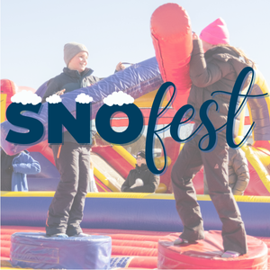 two children on inflatable with bumpers the logo for snofest is superimposed
