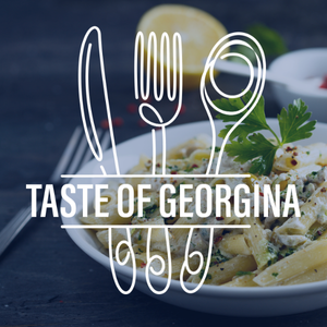 plate of pasta with logo for Taste of Georgina superimposed, logo is white with a drawing of a knife fork and spoon with the words Taste of Georgina in the centre