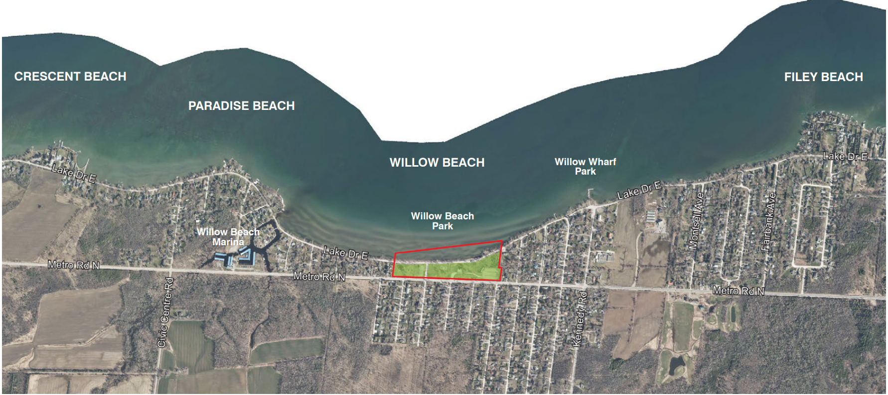 Aerial map of the Willow Beach area in Georgina, Ontario.