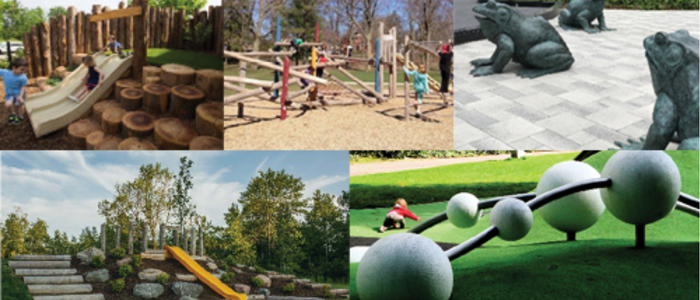Collage of recreation options including a slide, seesaws and some playground equipment