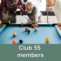 three seniors playing pool with words Club 55 members