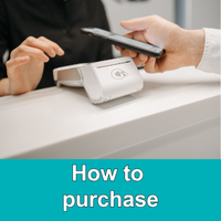 person paying with tap through phone at a service desk with the words How to Purchase