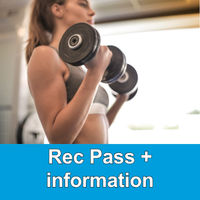 woman doing a bicep curl with dumbbells with the words Rec Pass Plus Information
