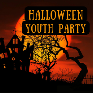Scary house and tree with words Halloween Youth Party