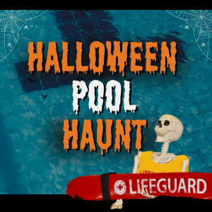 Skeleton with a lifeguard floatie and words Halloween Pool Haunt