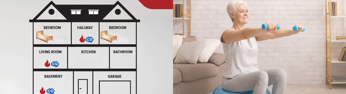 Graphic showing carbon monoxide alarm placement in a home beside an older adult exercising indoors with light weights.