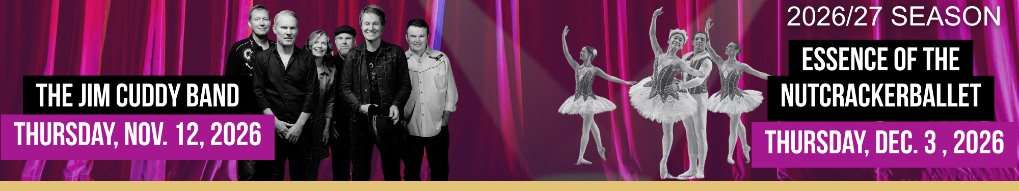 The Jim Cuddy Band and Essence of the Nutcrackerballet in front of purple curtains
