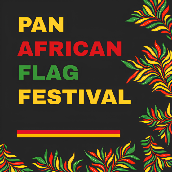 black background with words Pan African Flag Festival Pan-African Pulse with green, red and yellow pattern of leaves 