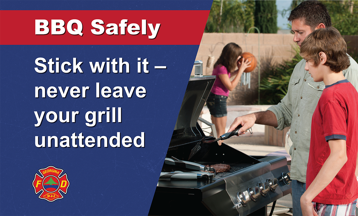 man barbecuing with the words stick with it, never leave your grill unattended