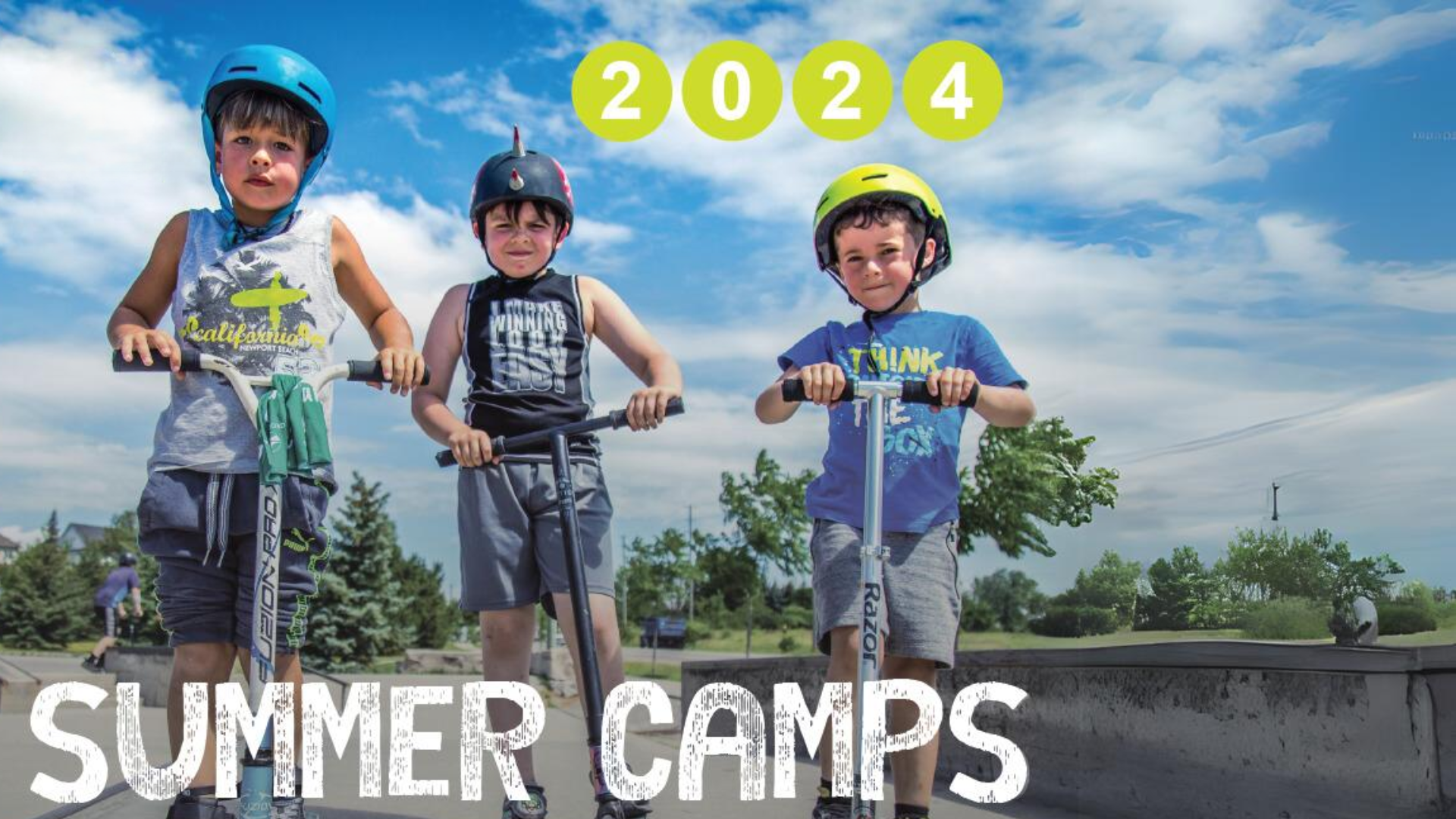 three children with helmets on scooters with the words 2024 Summer Camps