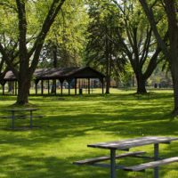 Waterfront Park with trees and a picnic table