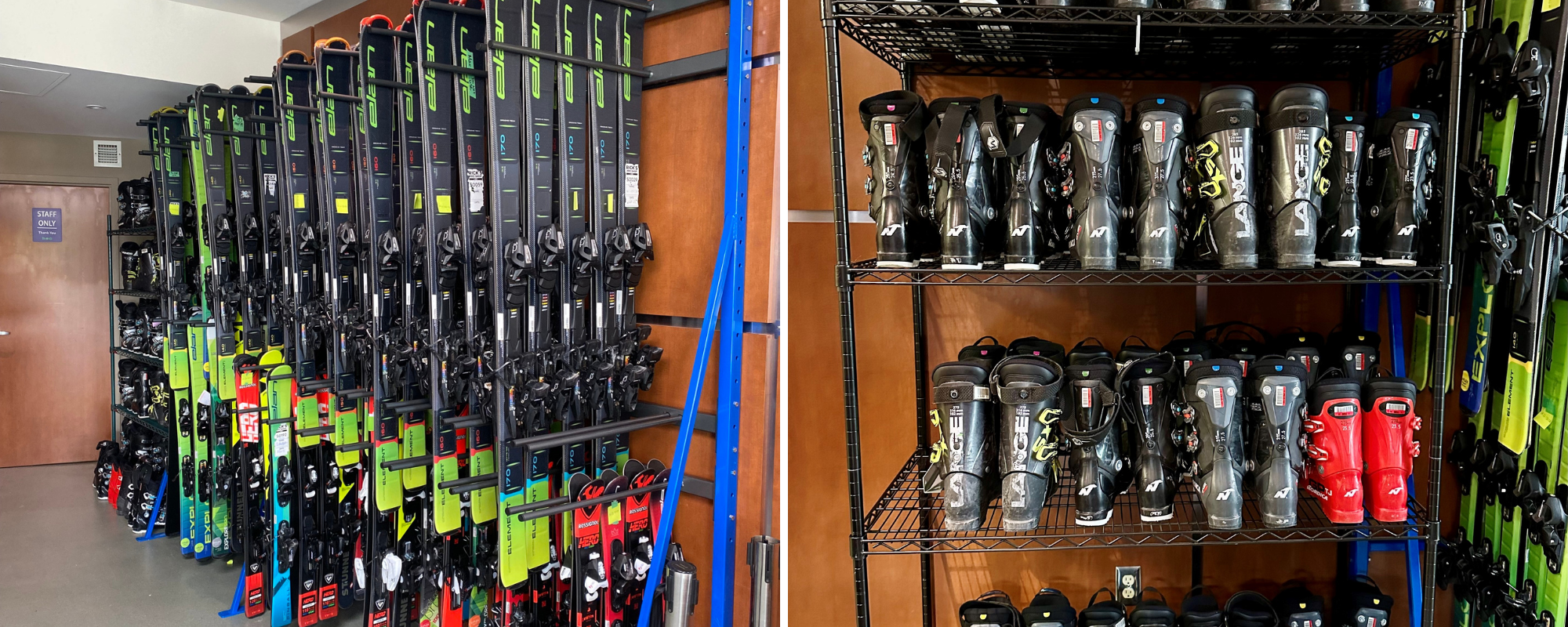 left Skis on a rack right ski boots on a shelf