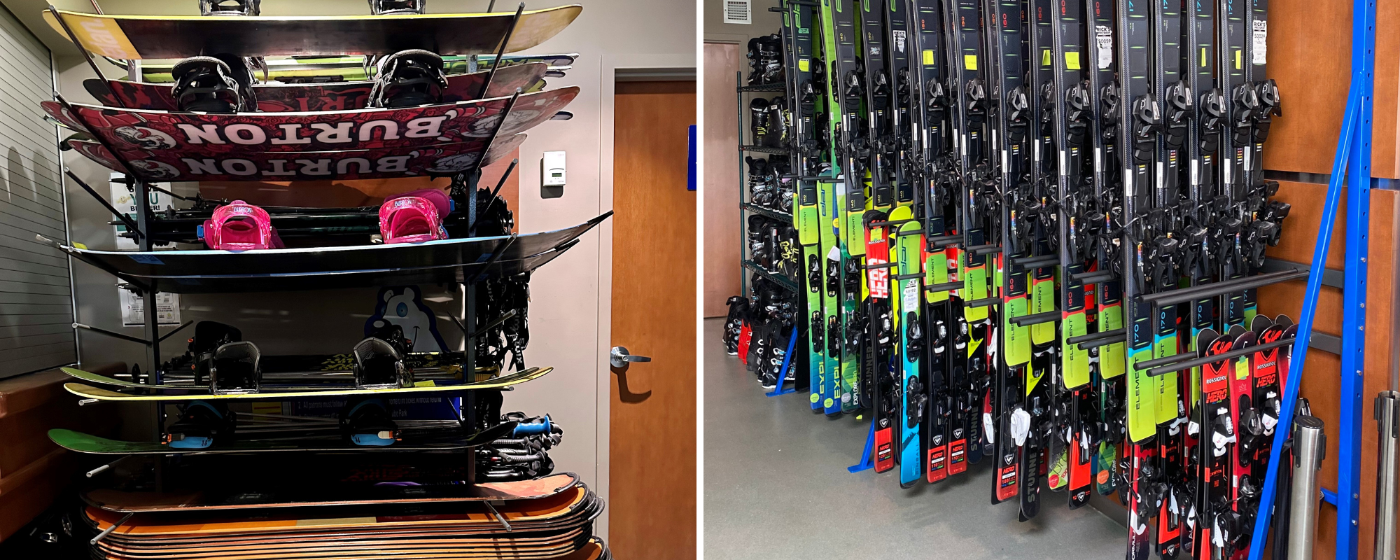 Left: Snowboards on a rack right: skis on a rack