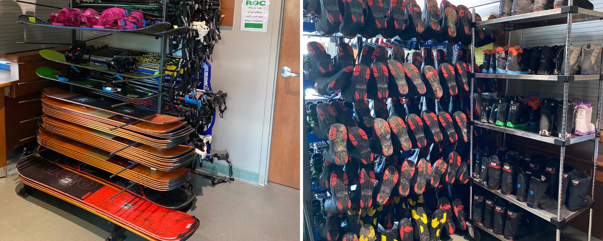 Left: Snowboards on a rack right: snowboard boots on shelves