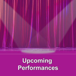 purple curtain with two spotlights pointing at the centre of the stage with the words Upcoming performance and a banner