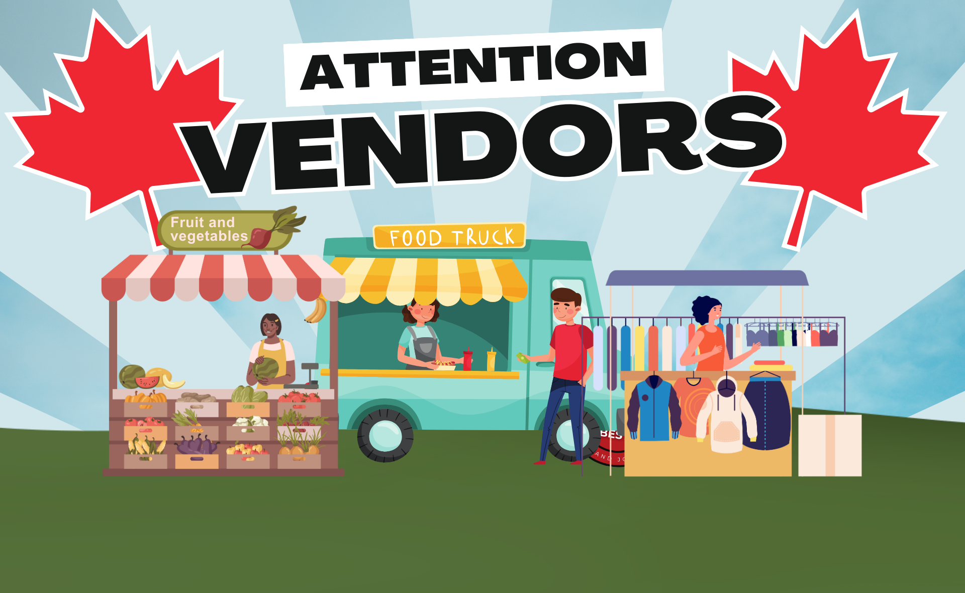 Cartoon farm vendor, food truck and clothing vendor with maple leaves and the words Attention Vendors