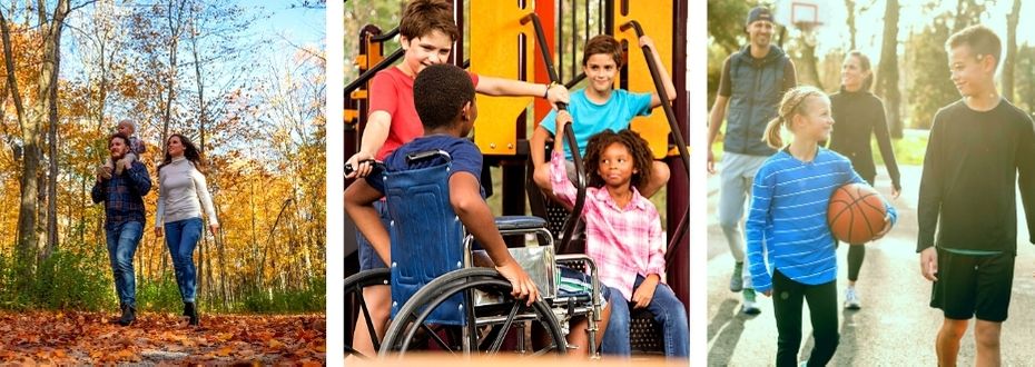 Julia Munro Park webpage banner three images of a park featuring children playing, people walking and people playing basketball