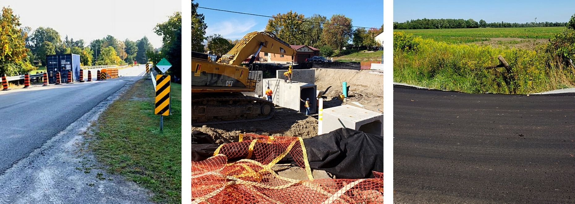 three images of road construction side by side