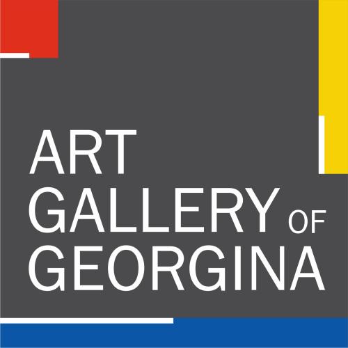 Art Gallery of Georgina logo on a dark grey background with red, yellow and blue accent blocks and white text.
