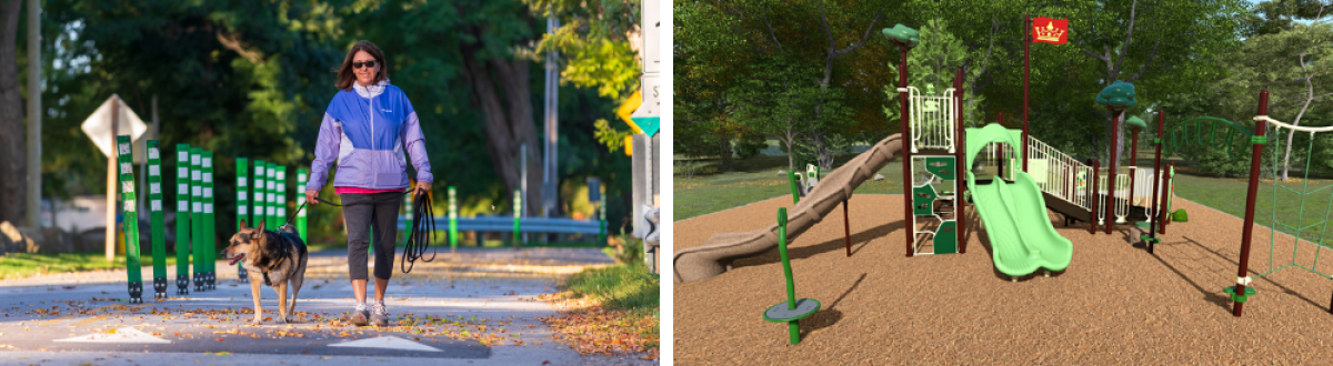  A woman walking her dog at Lake Drive and the outdoor playground at Holmes Point Park.