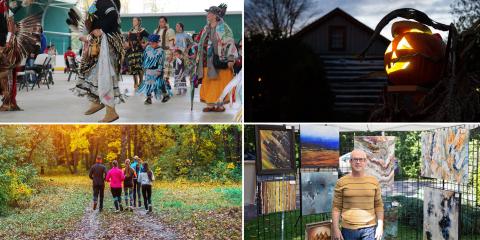 People at a powwow, jack-o-lantern, group of runners on a trail with fall trees, and man in front of paintings