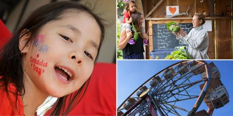 Girl with face paint, mother and daughter at farmers market with female vendor and Ferris wheel