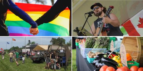 Collage of photos - Two hands in front of pride flag, musician playing guitar, group of vegetables, and groups of people at a festival