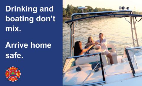 People on a boat with the words drinking and boating don't mix. Arrive home safe.