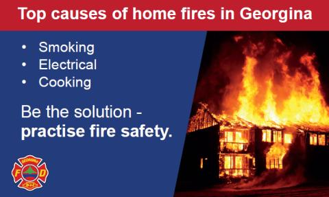 Burning home with the words top causes of fires in Georgina - smoking, electrical, cooking