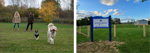 left, two people and two dogs at the park, right, leash free park sign