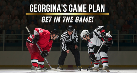 two players facing off in hockey gear with referee. above the words Georgina's Game Plan and Get in the game
