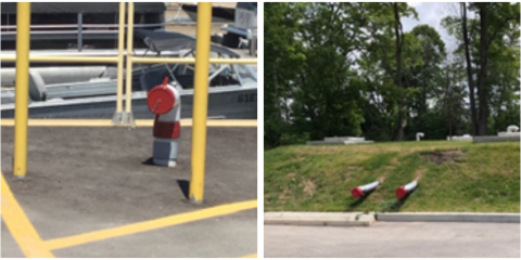 Side-by-side of dry hydrants, on the left is a single hydrant and on the right is a dual hydrant