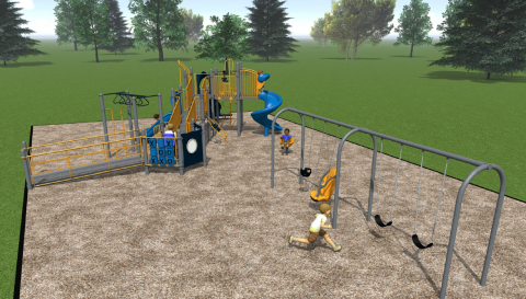 Artist rendering of accessible playground with children playing
