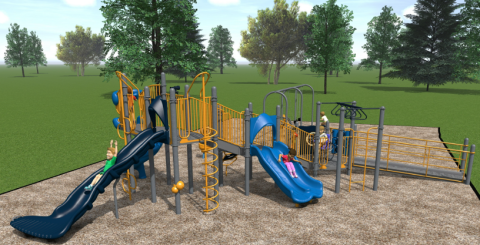 Artist rendering of accessible playground with children playing