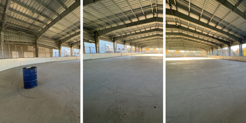 3 side by side pictures of the inside of the pefferlaw ice palace with no ice installed