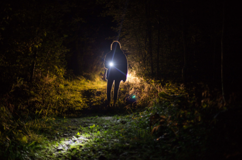 person on dark path shining flashlight toward camera
