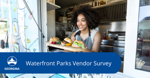 Server in a food truck handing food out of the window with the text Waterfront Parks Vendor Survey