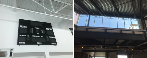 left: Scoreboard on white wall right: looking up at windows