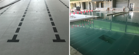 Left: lanes on floor of a pool right: pool filled with construction in the background