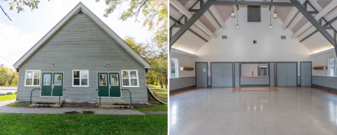 Left: Outside of building Right: building interior open space with dormer roof and a wet bar area on opposite wall